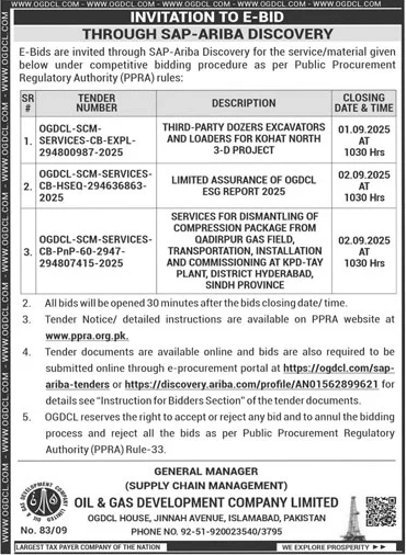 Oil & Gas Development Company Limited Islamabad Tender Notice